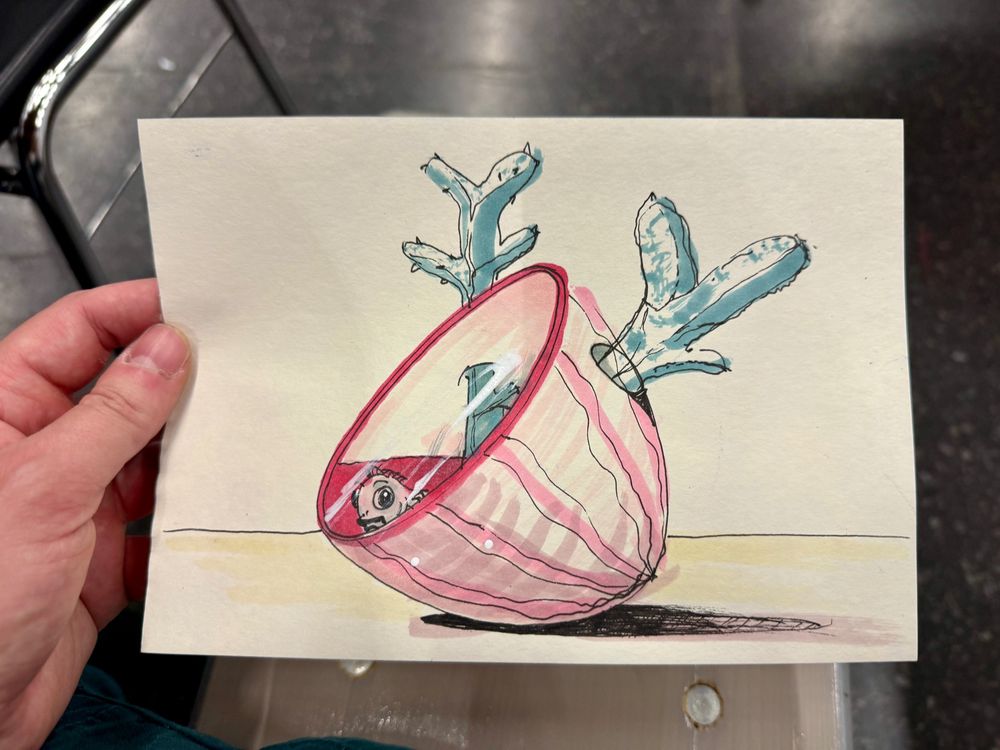 prompt was fish melon, cactus: halved melon that is sealed with glass, a fish is peeking out of the red liquid inside the melon and a cactus is growing through holes in the melon to the outside. In the background is a yellow plane
