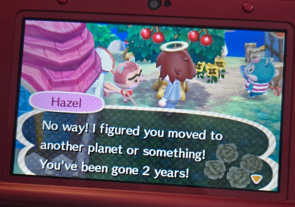 my old acnl save, hazel saying I've been gone for 2 years