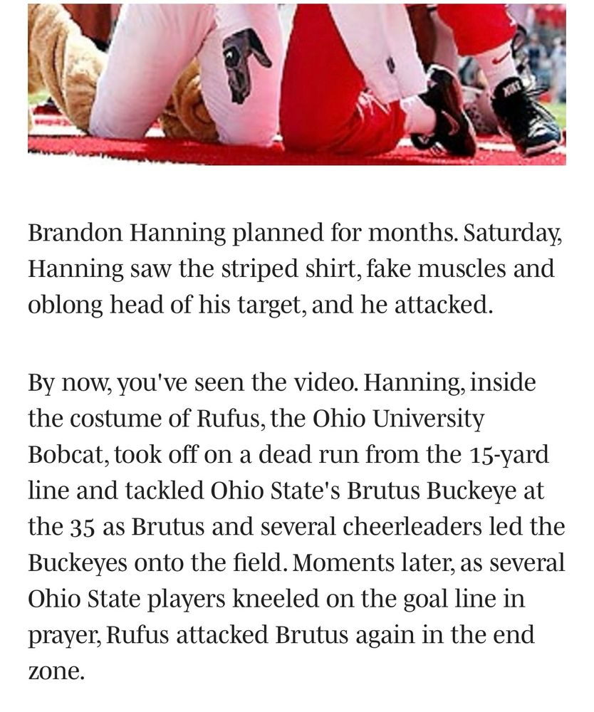 Brandon Hanning planned for months. Saturday, Hanning saw the striped shirt, fake muscles and oblong head of his target, and he attacked.
By now, you've seen the video. Hanning, inside the costume of Rufus, the Ohio University Bobcat, took off on a dead run from the 15-yard line and tackled Ohio State's Brutus Buckeye at the 35 as Brutus and several cheerleaders led the Buckeyes onto the field. Moments later, as several Ohio State players kneeled on the goal line in prayer, Rufus attacked Brutus again in the end zone. 