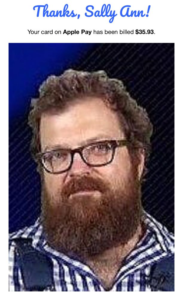 Thank you screen for donation with the picture of a man with glasses and a beard. 