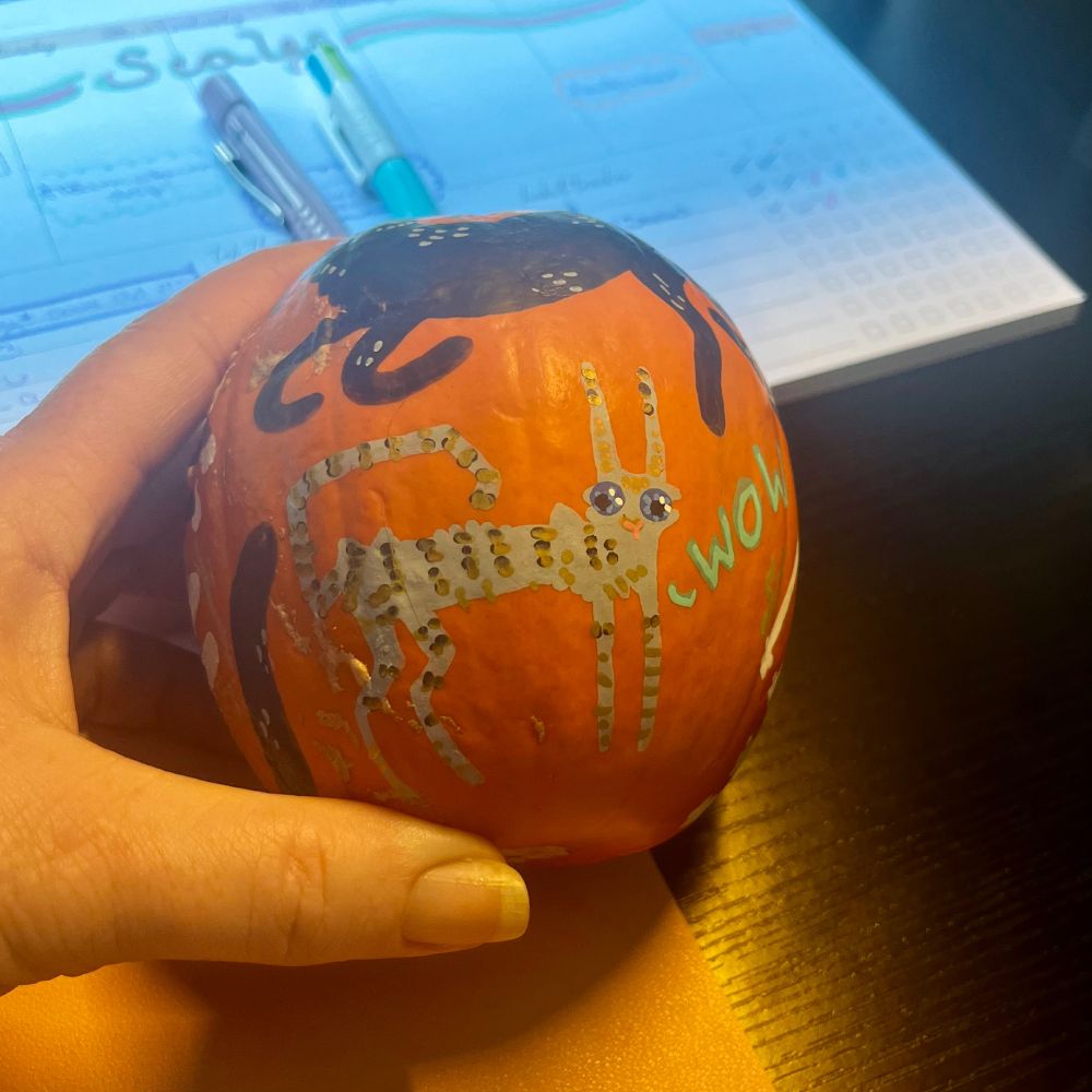 A super-skinny, wretched senior cat who runs around screaming all the time. The family joke is that she's just amazed by everything and is saying "WOW!" at it all. A pale grey tabby with bright blue eyes.