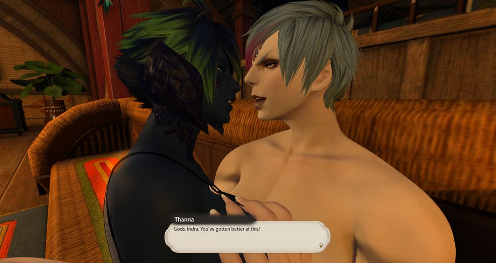 Thanna and Indra are making out on the couch as Thanna comments that "Indra has gotten better at this"