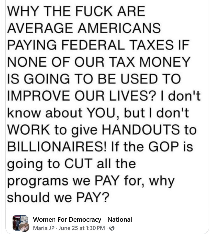 Why the fuck are average Americans paying federal taxes if none of our tax money is going to be used to improve our lives? I don't know about you, but I don't work to give handouts to billionaires! If the GOP is going to cut all the programs we pay for, why should we pay -Women for Democracy - National - Maria JP