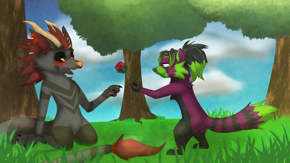 A character(Hybrid) on the left is sitting on their knees hesitating to reach out to a rose given by the character(Raccoon) on the right!
It seems theres a little love rising in the air!