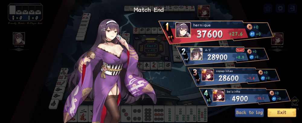 Screenshot do resultado de uma partidas de mahjong no Mahjong Soul contra o Hernique do canal Nautilus.