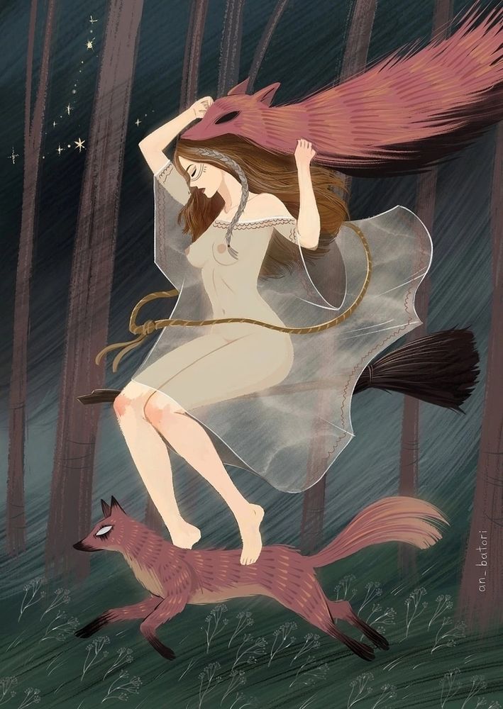 A woman is depicted wearing a white, transparent dress as she rides on the back of a fox through the woods.

Original artwork: an_batori