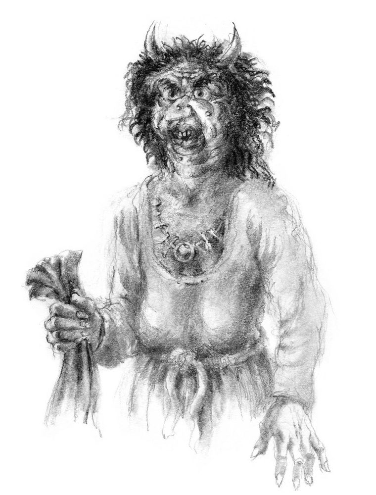 Depiction of a troll woman with a sack in her right hand