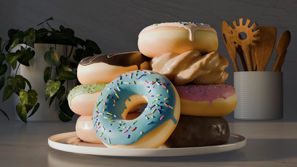 A 3D rendered scene of a kitchen countertop featuring a plate with 8 different donuts of various kinds in the foreground. A pothos plant and kitchen utensils set in a container can be seen in the background. 