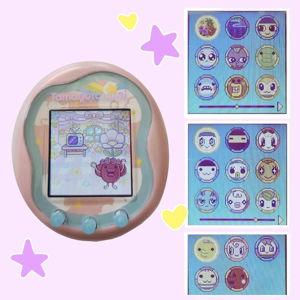 A tamagotchi uni angel with yattatchi on the screen. To the left is three screenshots of the care icons depicting every character filled in.