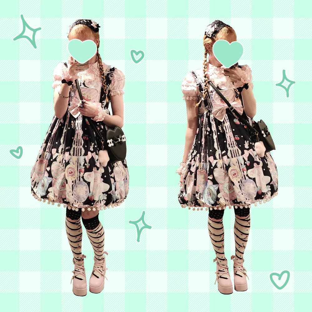 A lolita coordinate edit featuring the tamagotchi jsk in black from "random original" on taobao. The coordinate theme is bittersweet, and the rest of the items in the outfit are pink or black. Temporary alterations to items to match the theme include, pink bows pinned to the black headdress, and black bows pinned to pink wristcuffs.