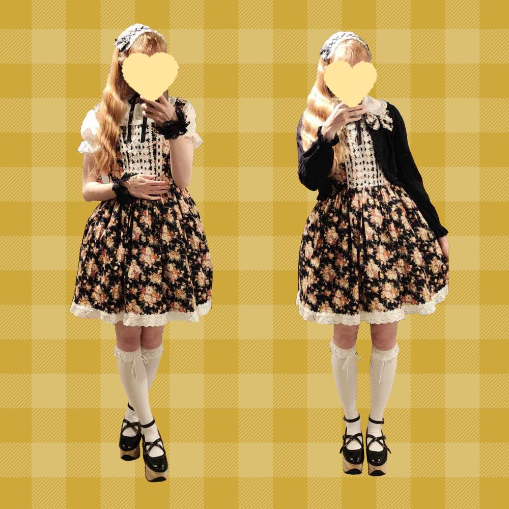 An edit of a test coord with the repaired jsk. The jsk is bodyline's twin ribbon mini sleeve op. I paired it with a white blouse, white lace-topped utks, black rocking horse shoes, and a black and white headdress. In the second of the two test coords, I'm wearing a black cardigan over top with one of the removed bows from the dress as a brooch. The background is a dark yellow gingham, that was supposed to be orange.