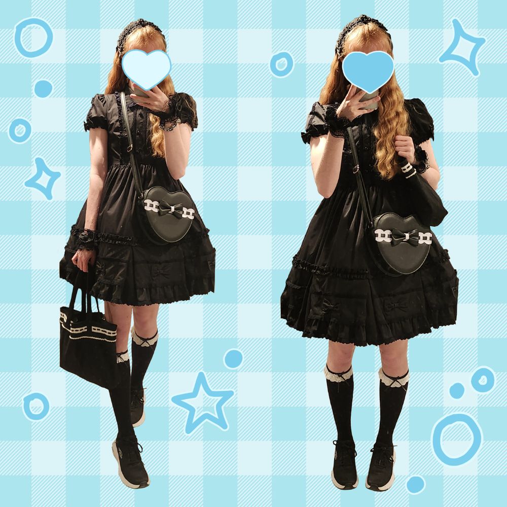 An edited photo including two images of myself wearing a mostly black egl coordinate on a blue gingham background. The coordinate features bodyline's chris ribbon pleats op in black. I added a theme of white lace trim, with a loris heart crossbody purse, a handmade tote bag, and utk's from roji roji. I'm also wearing mostly black running shoes, and a thin black rectangle headdress from iris corolla.