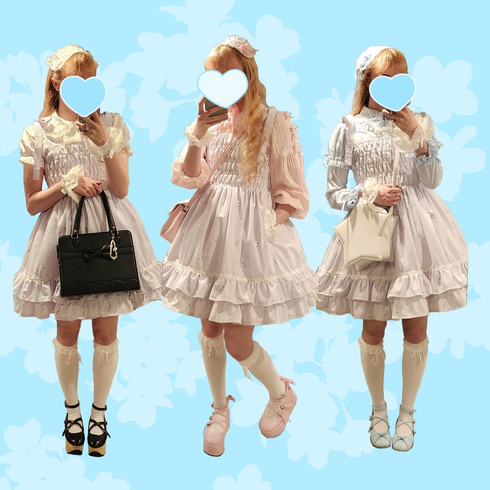 An edited photo showing three different coordinates with the purple jsk. The first has mainly white items with a black purse and shoes. The second includes all pink items, and the third all sax blue.