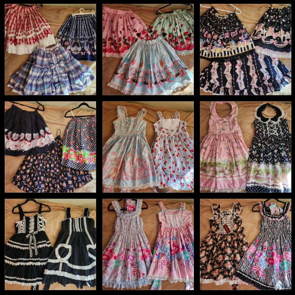 A 3 by 3 grid collage of photos of egl fashion main piece flatlays. I'm not going to list each one sorry, it's primarily bodyline. The first 4 squares have skirts and the rest are jsks.