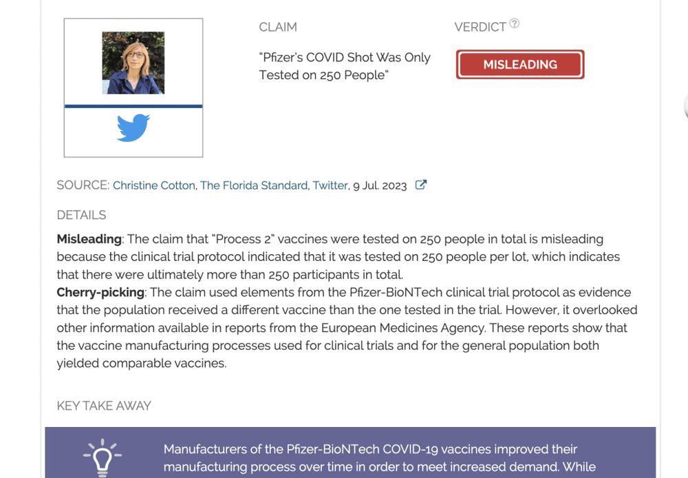 The commercially available Pfizer-BioNTech mRNA COVID-19 vaccine is safe and was tested on more than 250 people, contrary to claim by statistician Christine Cotton - Science Feedback