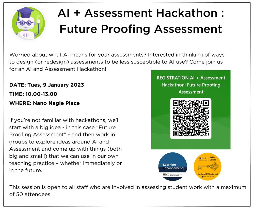 Flyer for AI and Assessment Hackathon on January 9th from 10-1pm