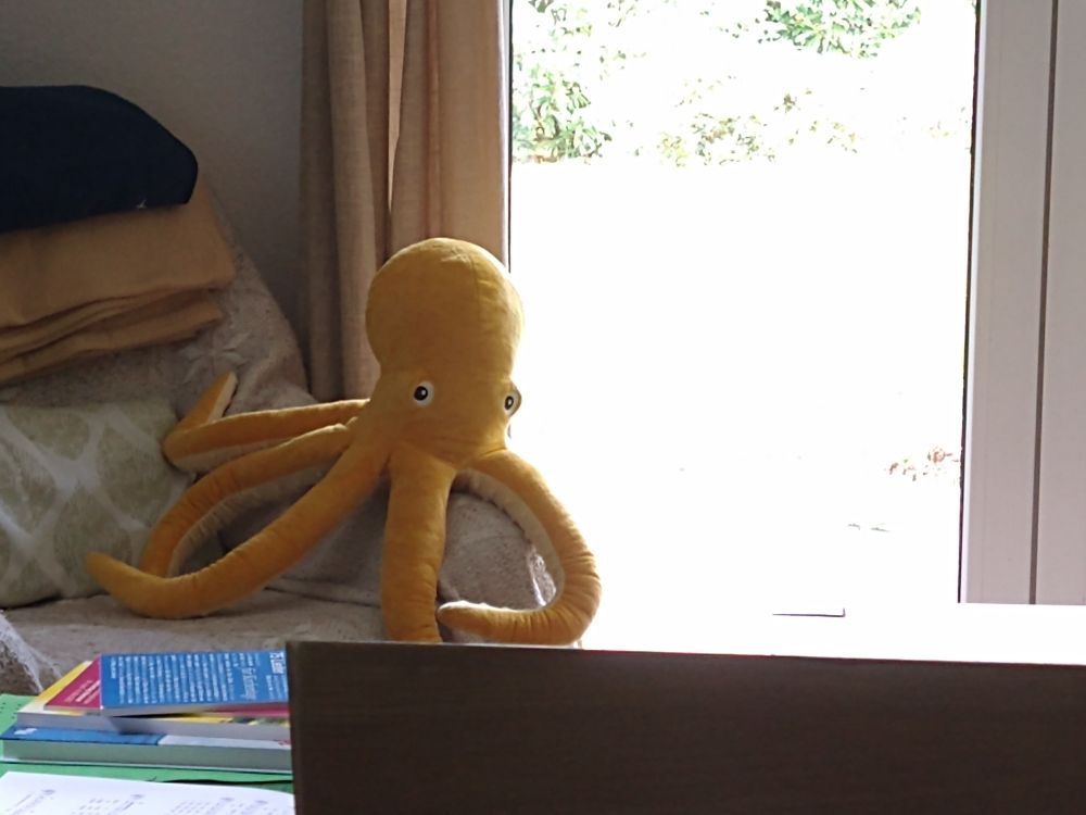 Ein achtarmiger Plüsch-Krake von IKEA sitzt im Hintergrund auf einem Sessel.