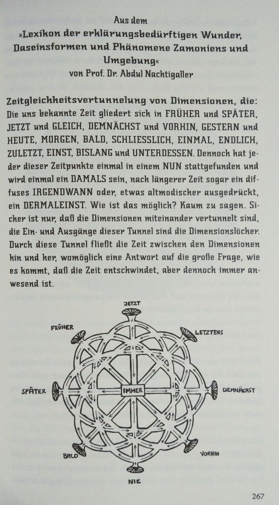 Aus dem »Lexikon der erklärungsbedürftigen Wunder, Daseinsformen und Phänomene Zamoniens und Umgebung« von Prof. Dr. Abdul Nachtigaller. Zeitgleichheitsvertunnelung von Dimensionen, die: Die uns bekannte Zeit gliedert sich in FRÜHER und SPÄTER, JETZT und GLEICH, DEMNÄCHST und VORHIN, GESTERN und HEUTE, MORGEN, BALD, SCHLIESSLICH, EINMAL, ENDLICH, ZULETZT, EINST, BISLANG und UNTERDESSEN. Dennoch hat jeder dieser Zeitpunkte einmal in einem NUN stattgefunden und wird einmal ein DAMALS sein, nach längerer Zeit sogar ein diffuses IRGENDWANN oder, etwas altmodischer ausgedrückt, ein DERMALEINST. Wie ist das möglich? Kaum zu sagen. Sicher ist nur, dass die Dimensionen miteinander vertunnelt sind, die Ein- und Ausgänge dieser Tunnel sind Dimensionslöcher. Durch diese Tunnel fließt die Zeit zwischen den Dimensionen hin und her, womöglich eine Antwort auf die große Frage, wie es kommt, dass die Zeit entschwindet, aber dennoch immer anwesend ist. 
