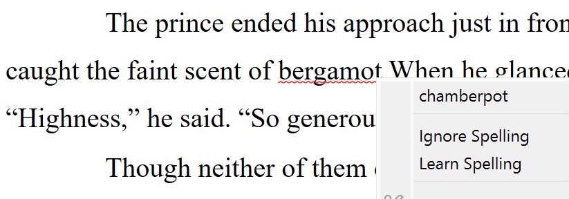 Spell check suggestion to change the word bergamot to chamberpot in a sentence describing the way a prince smelled.