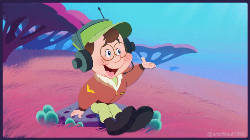 My headcanon version of Buzzy from Cranium Command talking to someone offscreen while sitting on a rock in a field full of pink grass and fuchsia coral-like trees. I like to imagine the world of Cranium Commandos as being submerged in cerebrospinal fluid and similar to many underwater environments and that the Cranium Command's various bases are located in more natural areas, so there's a lot of fields where brain pilots can just relax during their time off. 