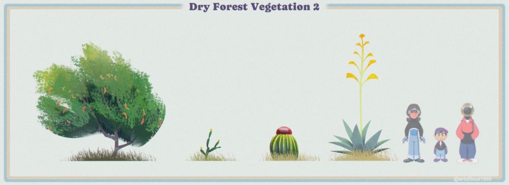 Another illustration of the different types of plants found in the dry forest regions within the setting of “Soul in The Machine”. The first plant is a cat’s claw tree which is a thorny plant with red seed pods. The second is a cactus similar to an Opuntia found here in Puerto Rico, with thin paddle-like branches and yellow flowers. The third is a turk’s head cactus, which has a large barrel-like structure with a “head” that has reddish colored thorns. The last is a light grey agave plant with a tall stem that has golden yellow flowers. Like the previous dry forest plant illustration, it features the three main robot characters for size comparison, showing that the plants aren’t exactly massive.