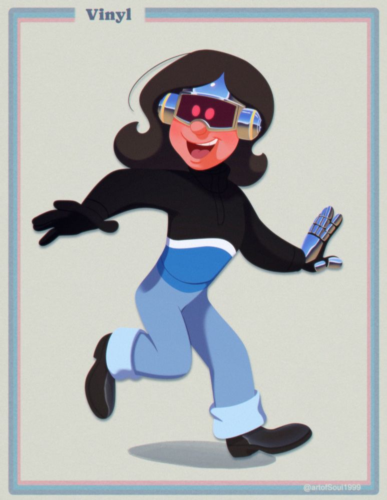 A 2D render of Vinyl, one of my robot OCs, happily running while looking at something or someone offscreen.

Vinyl is a humanoid robot with long flowing brown hair, a silver visor with a wine red screen displaying two oval shaped red eyes and cylindrical ears that have a ring of light indicating their current mood, a peach latex mask that allows for facial expressions and black gloves with silver plates on the back of the hands. They wear a long sleeve turtleneck sweater that’s black with a white stripe in the middle and blue at the bottom, light blue cuffed jeans and shiny black boots.