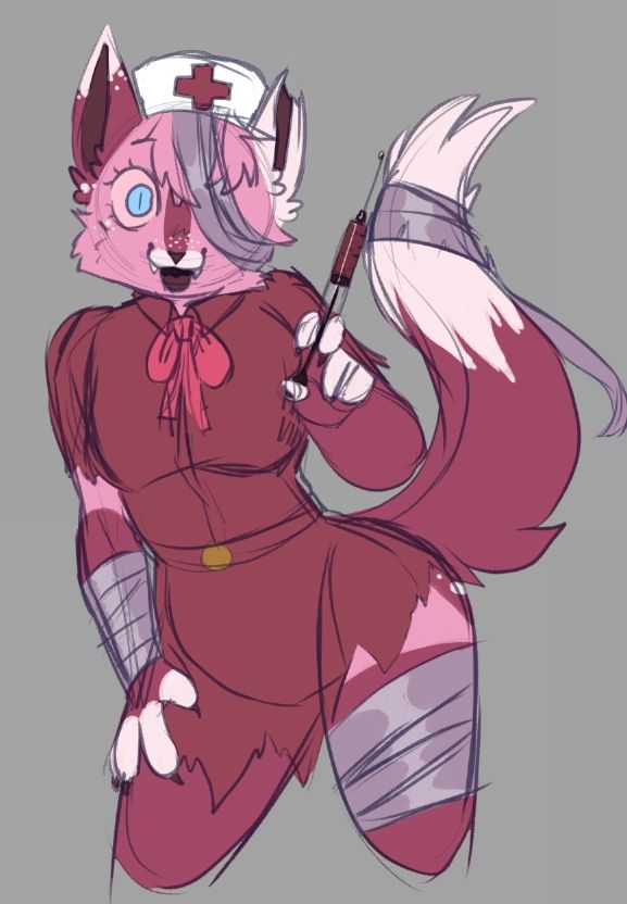 A pink cat dressed as a nurse, holding a syringe