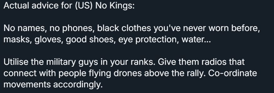 A cropped screenshot of a person who is insisting that you need to wear black clothes, bring eye protection, etc. to the No Kings protest because they are a dipshit.