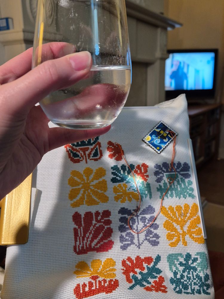 Left hand holding a tumbler of clear liquid. Out of focus TV in the background. Unfinished multicoloured embroidery of abstract flowers. 