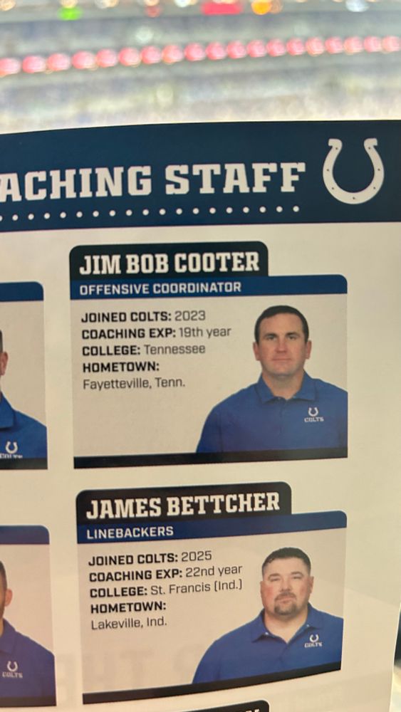 A picture of the Indianapolis Colts program showing the coaching staff. Their offensive coordinator is named Jim Bob Cooter. 