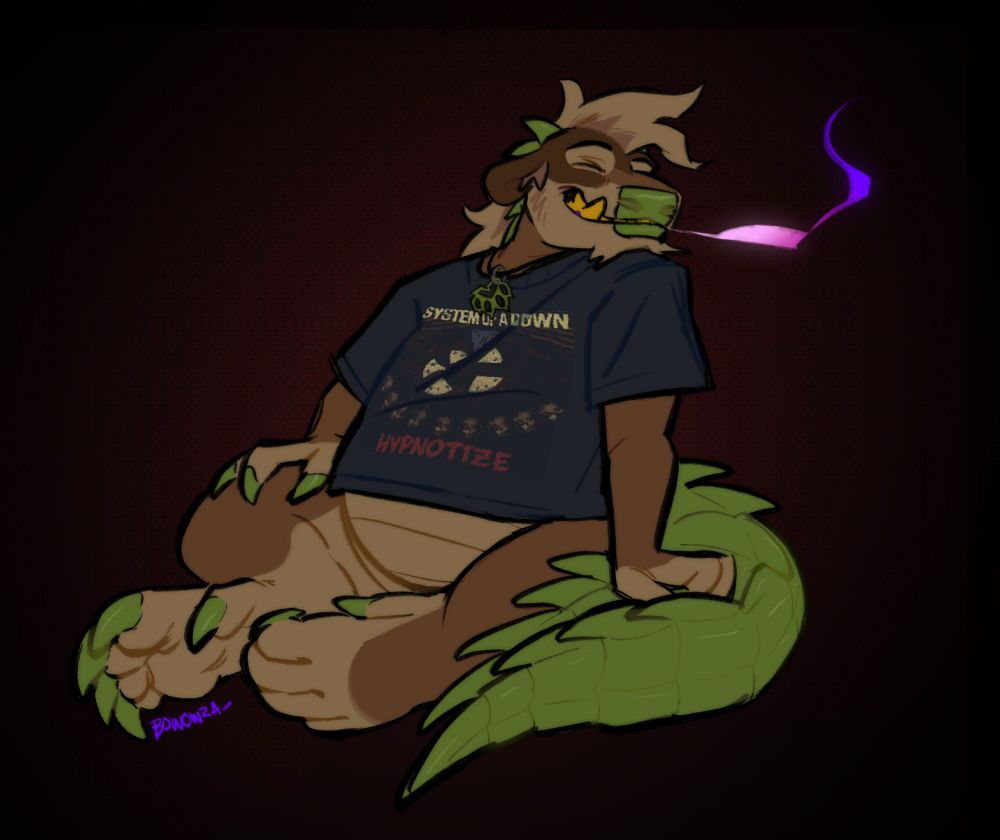 My fursona, a crocodile cow furry, sitting and leaning back on his green spiky crocodile tail. A relaxed happy expression is on his face as he blows out a trail of pink and purple fire. He is wearing a black system of a down hypnotize shirt and a green pawprint necklace.