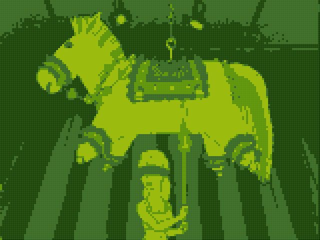 A screenshot from King of the Hill stylized like original Game Boy graphics. It shows Luanne standing below a giant pinata. Luanne is blindfolded and holding a flaming stick.