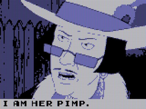 A screenshot from King of the Hill stylized to look like Game Boy Color graphics using the Purple palette for games that did not natively support Game Boy Color. Alabaster, the pimp wearing a pimp hat and low, square glasses, is looking angry. Text at the bottom reads "I am her pimp."