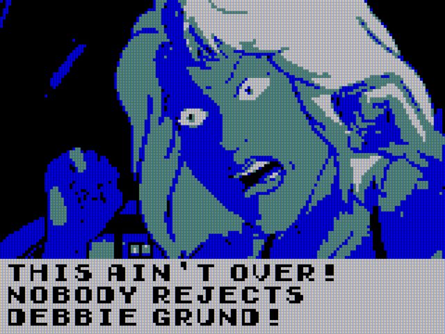 A screenshot of King of the Hill stylized to look like a Game Boy Color using the blue palette. An angry looking woman is pounding on a glass window and shouting "This ain't over! Nobody rejects Debbie Grund!"