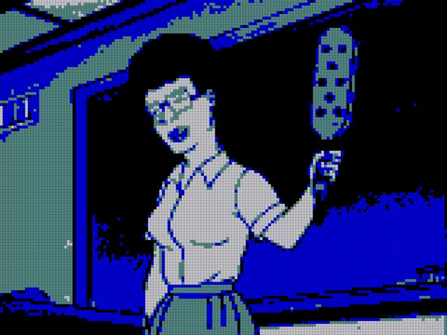 A screenshot of King of the Hill stylized in Game Boy Color graphics, using a blue color palette. Peggy Hill is standing in front of the class holding up a paddle for spanking kids who are out of line.