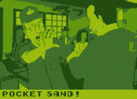 A screenshot from King of the Hill stylized in original Game Boy graphics.
Dale Gribble, a thin guy in a hat and glasses, is throwing sand on an innocent man in a suit. Text at the bottom reads "Pocket sand!"