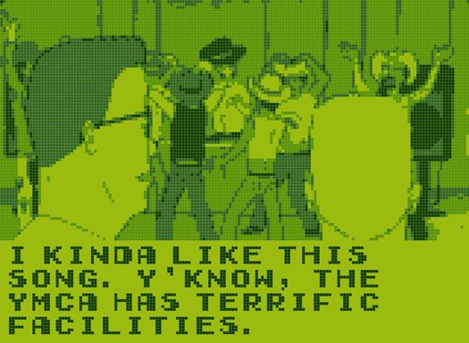 A screenshot of King of the Hill stylized to look like original Game Boy graphics. Hank and Boomhauer are watching a bunch of men in crop tops and cowboy hats dancing. Hank says "I kinda like this song. Y'know, the YMCA has terrific facilities."