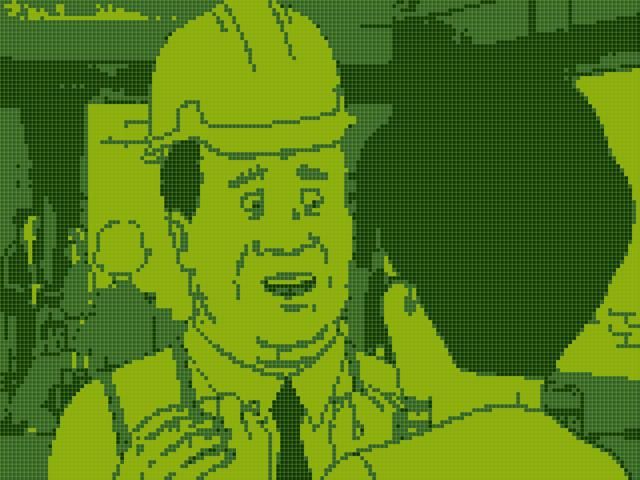 A screenshot from King of the Hill stylized to look like original Game Boy graphics.
Bill is wearing a hard hat and a tie, while he looks into Peggy's eyes and holds her hands to calm her down.