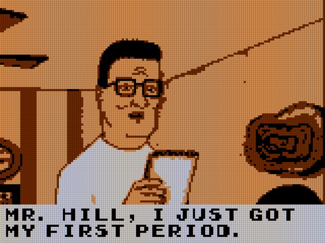 A screenshot from King of the Hill stylized as Game Boy Color graphics using the rusty brown color palette. Hank Hill is reading a note in his living room. Text at the bottom of the screen says "Mr. Hill, I just got my first period."