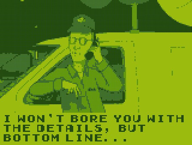 A King of the Hill screenshot stylized to look like original Game Boy graphics. Dale is standing in front of his van smoking a cigarette and talking on a cell phone. He says "I won't bore you with the details, but bottom line..."