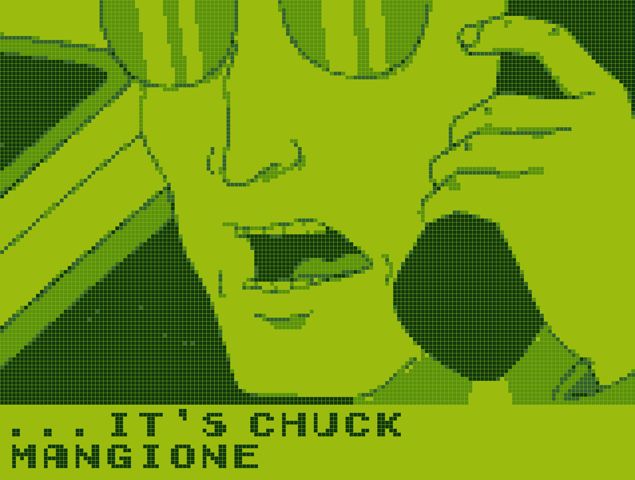 A King of the Hill screenshot stylized to look like original Game Boy graphics. A close-up on Dale's face. He is speaking into a cell phone. He says "...It's Chuck Mangione."