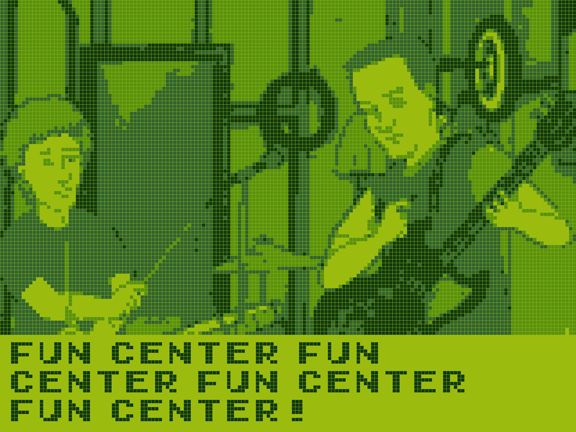 A screenshot from King of the Hill stylized to look like original Game Boy graphics. Cane Skretteburg is jamming on an electric guitar while an unnamed drummer is drumming in the background. Text reads "fun center fun center fun center fun center!"