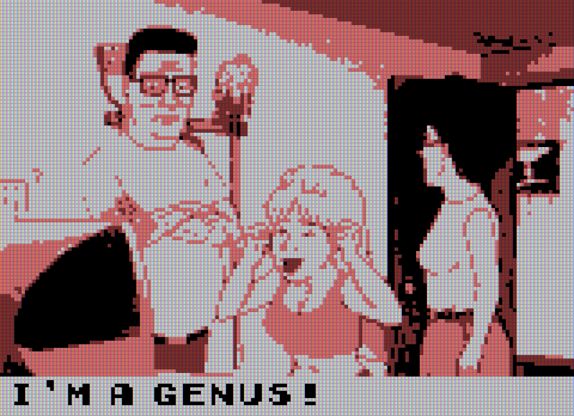 A screenshot from King of the Hill stylized to use Game Boy Color graphics, using the pink palette. Luanne is sitting at a computer looking excited, arms raised, while Hank looks disappointed and Peggy is looking at Hank. The text at the bottom says "I'm a genius!"