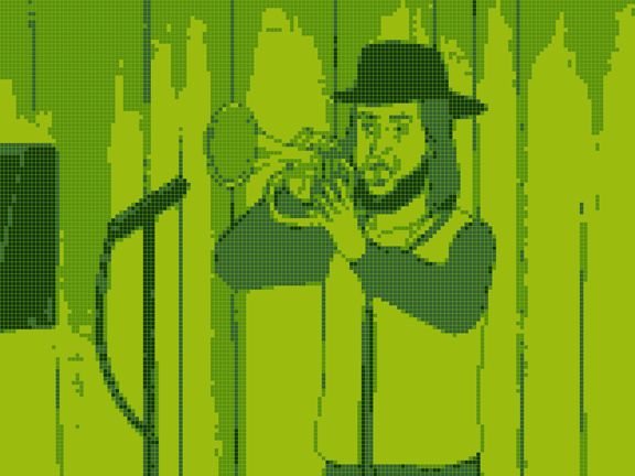 A screenshot from King of the Hill stylized as original Game Boy graphics. It shows the late great Chuck Mangione playing his horn on stage.
