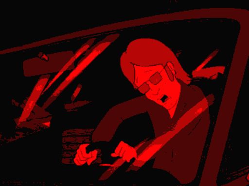 A screenshot of King of the Hill stylized to look like it is from a Virtual Boy, the cursed Nintendo console that barely existed.
It shows a younger version of Dale Gribble complete with long hippie hair driving Boomhaur's car and losing control. The colors are vibrantly bright red.