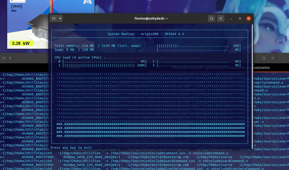 remote terminal windows. one shows CPU load of origin300. another one in the background shows compiler output messages.