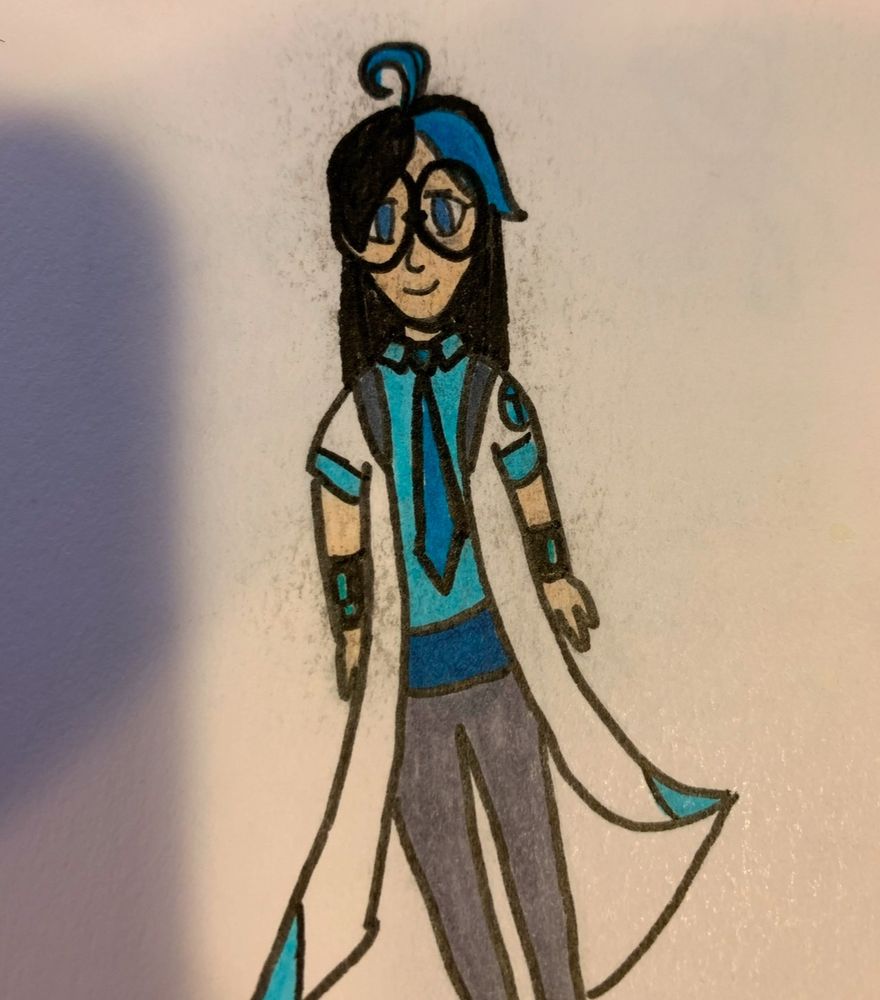 photograph of traditional drawing of a woman in a lab coat with a shirt and tie underneath. she has black hair with a blue streak and large oval glasses.