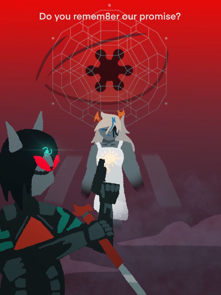 A digital art piece referencing characters and motifs from both Signalis and Homestuck. In the foreground, a red-and-teal android is in a cautious, defensive stance holding a pistol in one hand and a cane-sword in the other. She blends aspects of Terezi Pyrope and Elster. In the background, a sickly, wounded girl in a white dress awaits somewhere outside normal reality. She blends aspects of Vriska Serket and Ariane. Above, a Red Eye of Vision Eightfold has six of its pupils aligned with a strange hexagonal glyph. Text: 'Do you remember our promise,' but the 'b' is replaced by an eight.