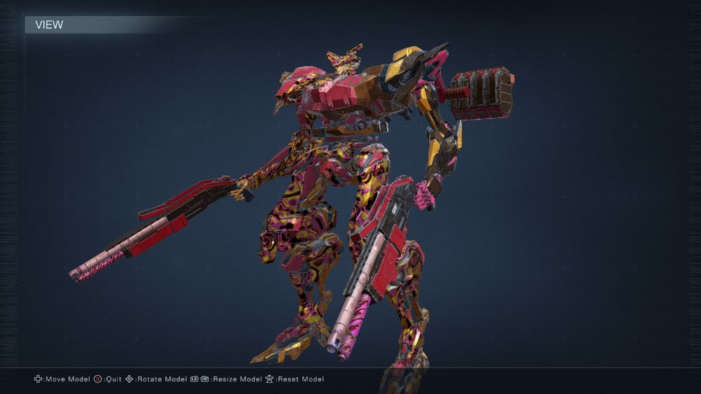 An Armored Core VI configuration screenshot showing a pink, red, and yellow mech with a shotgun in each hand. 