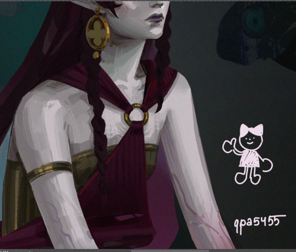 Screenshot of a work in progress picturing one of my original characters. A pale woman leaning toward with her shoulders in 3/4, lighted from the upper right corner with a dark background. she has multiple pieces of jewelry and burgundy clothing matching her hair. also there's a silly cat doodle :)